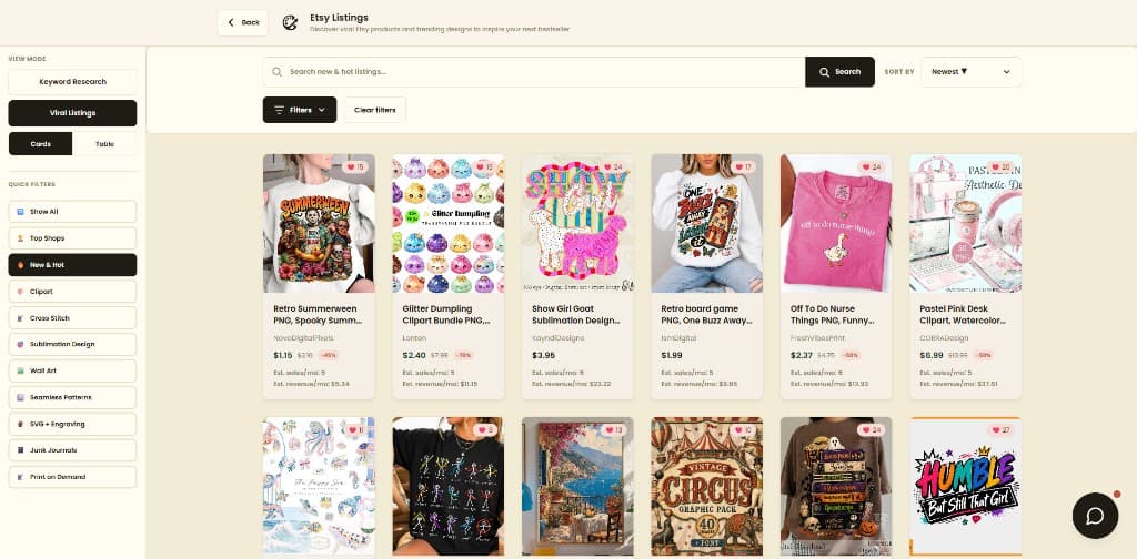Example Krafie Etsy research interface showing public listing signals for comparison