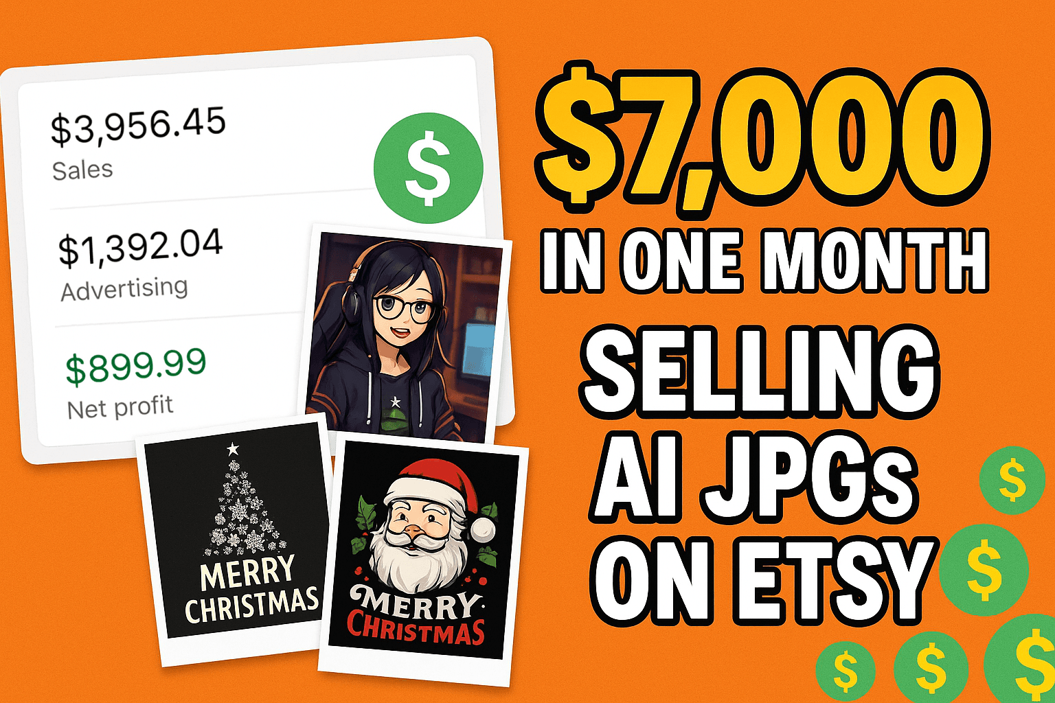 A vibrant graphic showcasing earnings from selling AI JPGs on Etsy, featuring a sales figure of $3,956.45, advertising