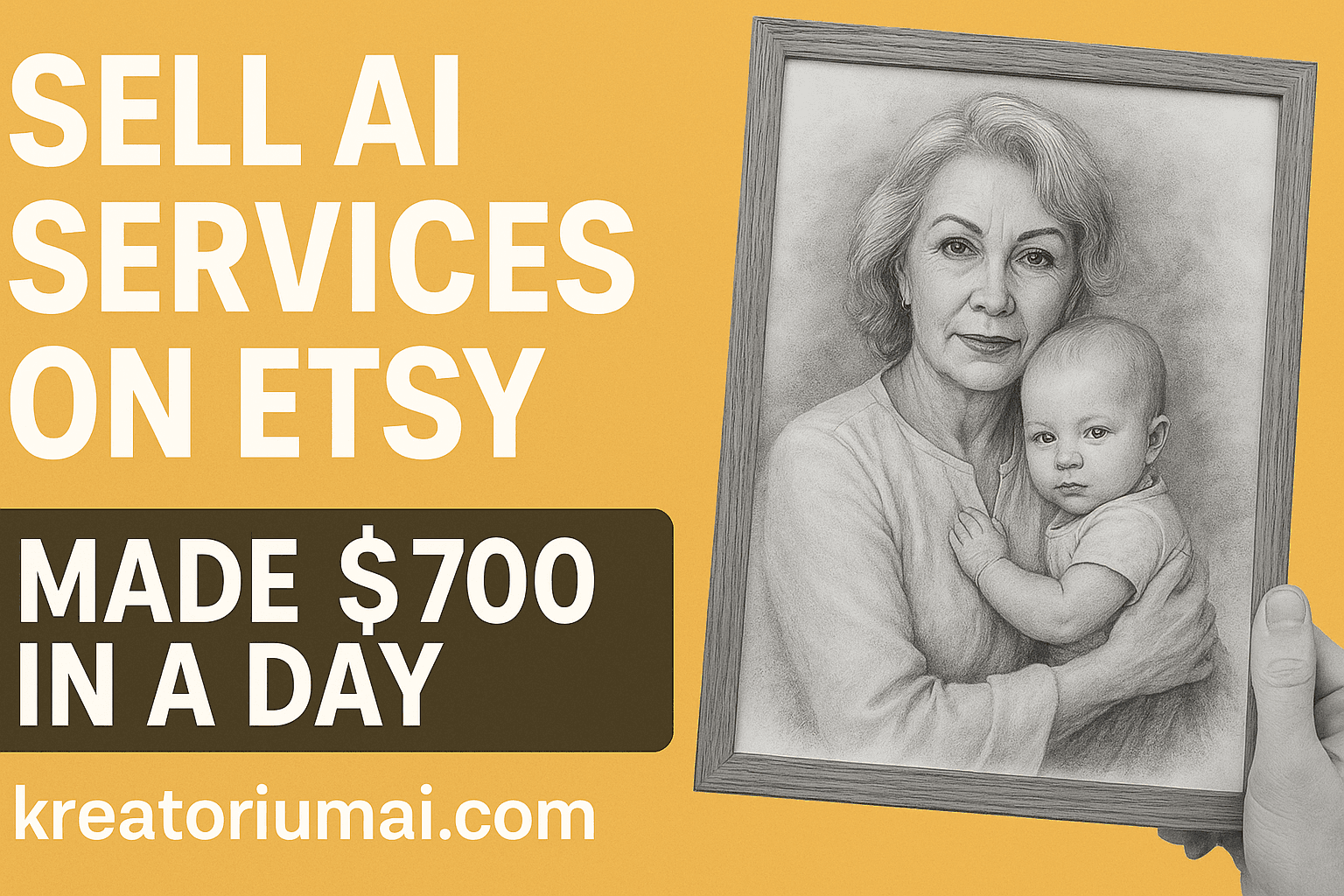 A hand holding a framed black-and-white portrait of a woman with a baby, showcasing an emotional AI service offered