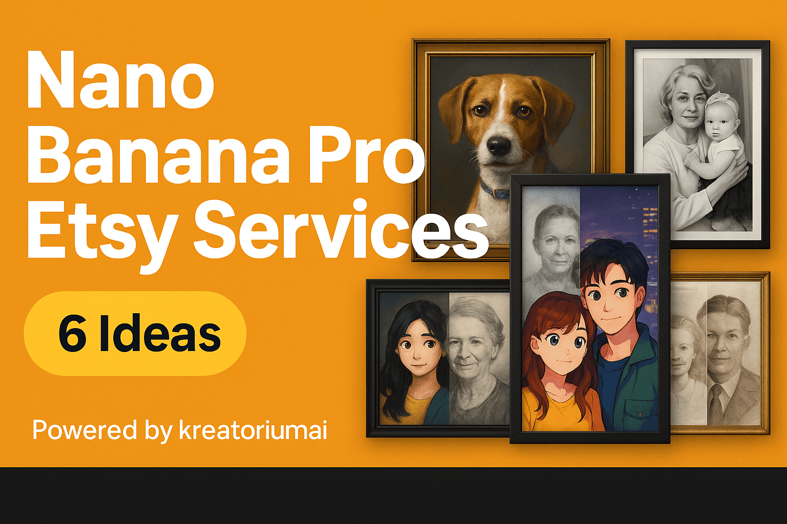 A graphic showcasing six ideas for Nano Banana Pro services to sell on Etsy, featuring a collage of various framed images
