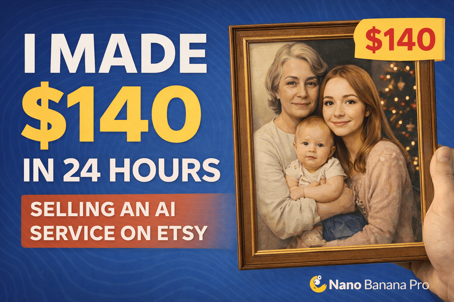 Graphic promoting a blog post about earning $140 in 24 hours by selling an AI service on Etsy. It features a hand holding
