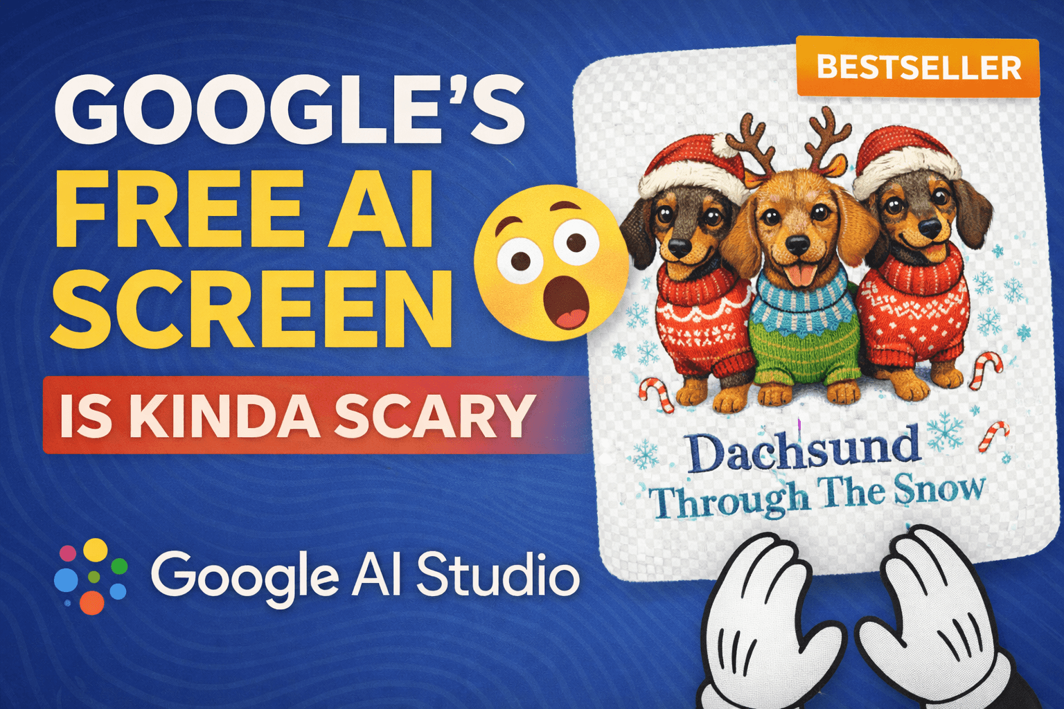 Graphic promoting Google AI Studio's free AI screen, featuring a colorful design with three cartoon dachshunds in festive
