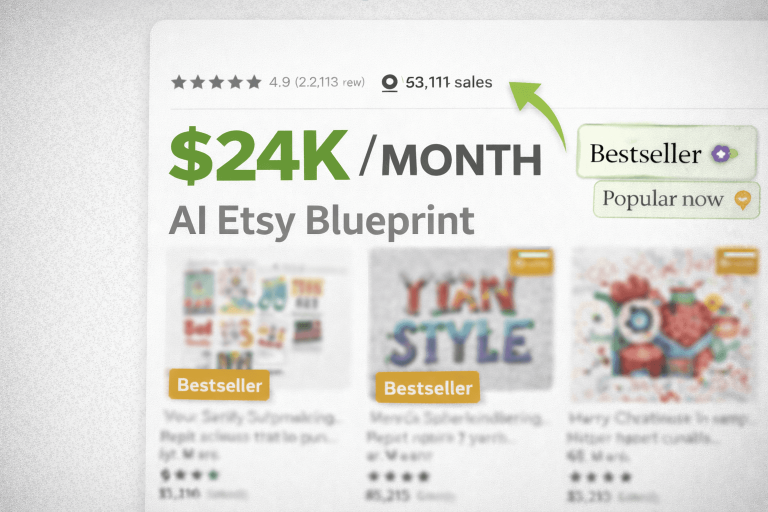 Etsy store sales dashboard showcasing a $24K/month revenue, highlighting 53,111 total sales and a 4.9-star rating from