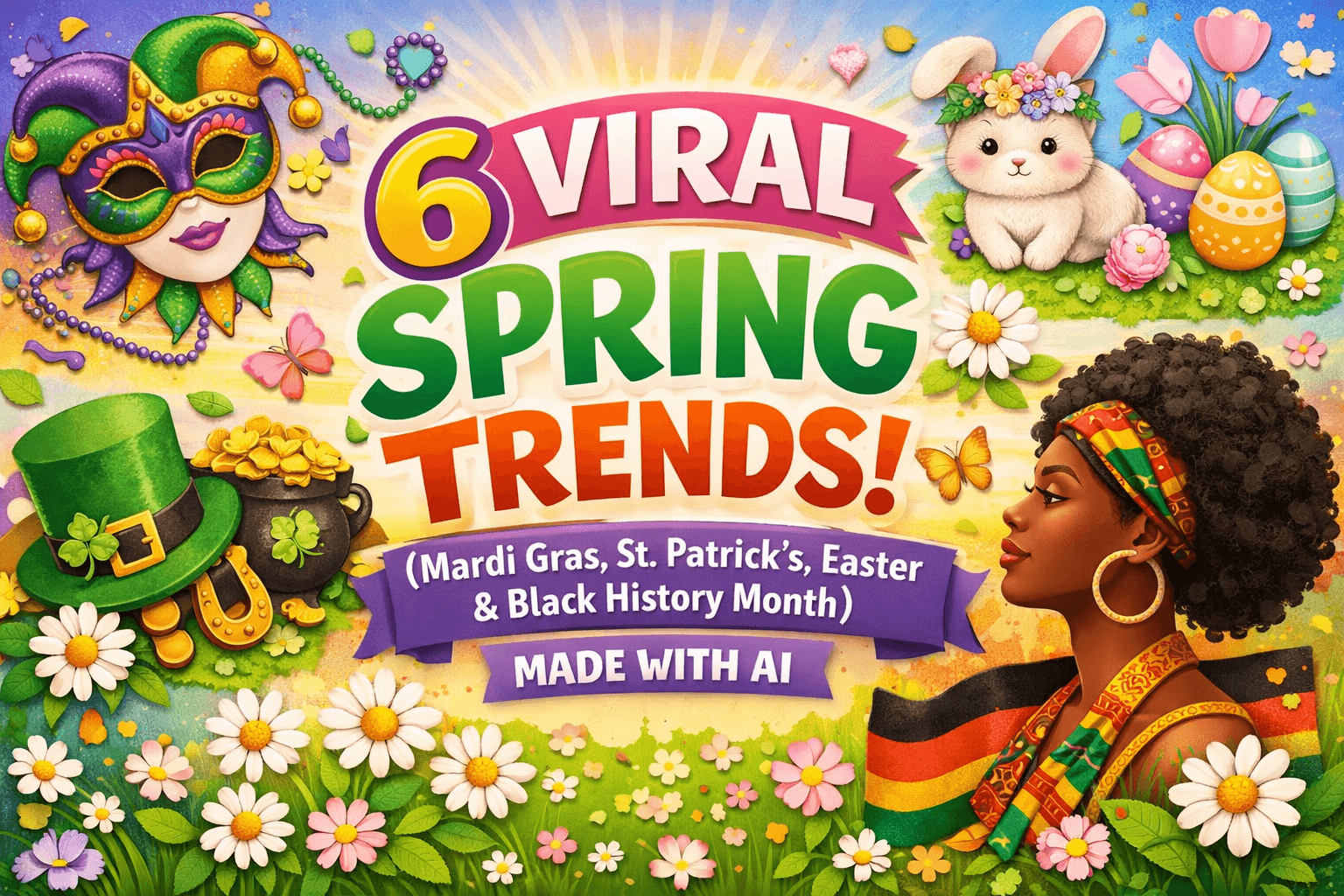 Colorful graphic showcasing six viral spring trends on Etsy, featuring elements related to Mardi Gras, St. Patrick’s Day
