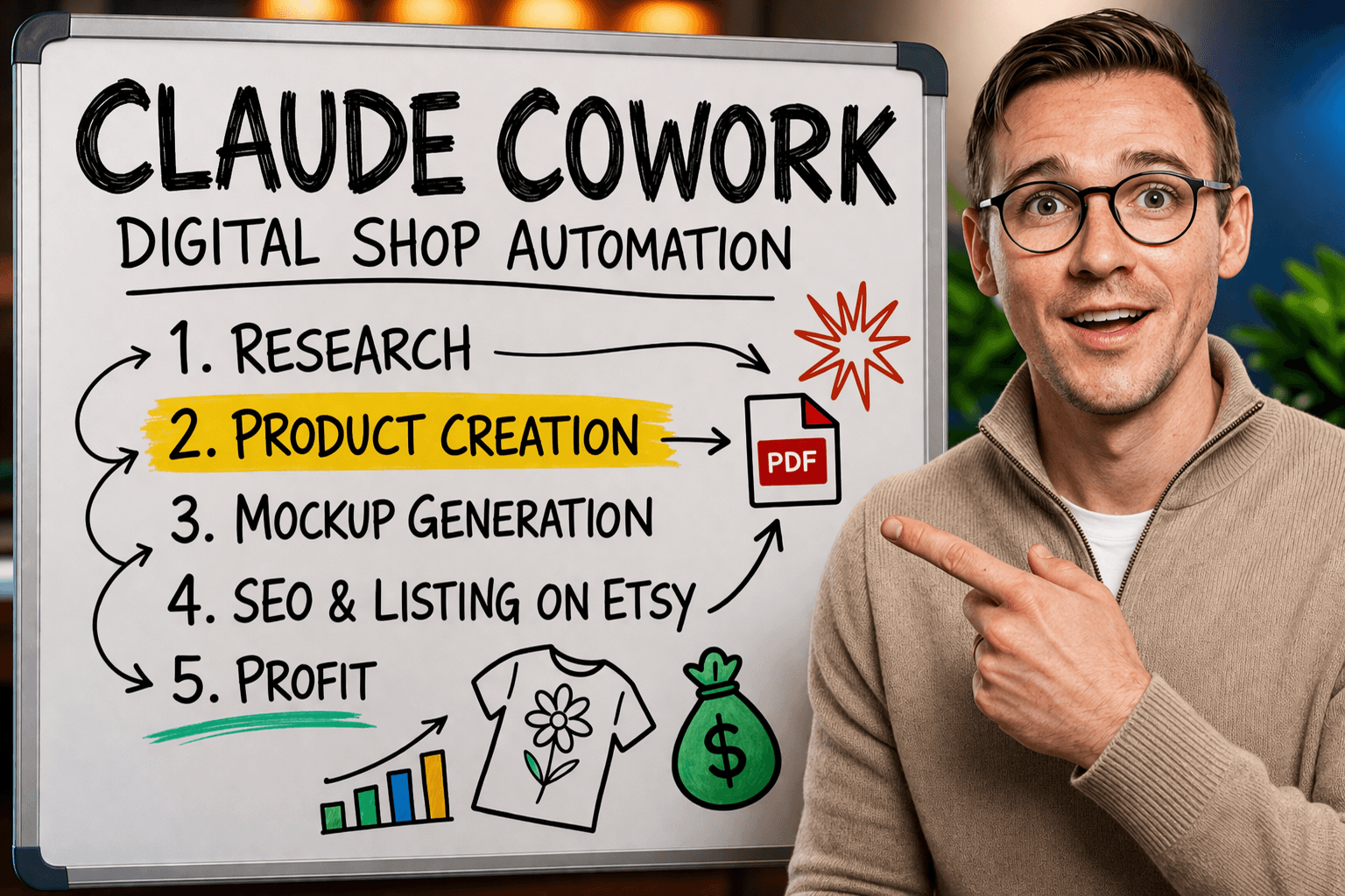 A person points to a whiteboard outlining the steps for automating a digital shop with Claude Cowork. The steps include: 1.