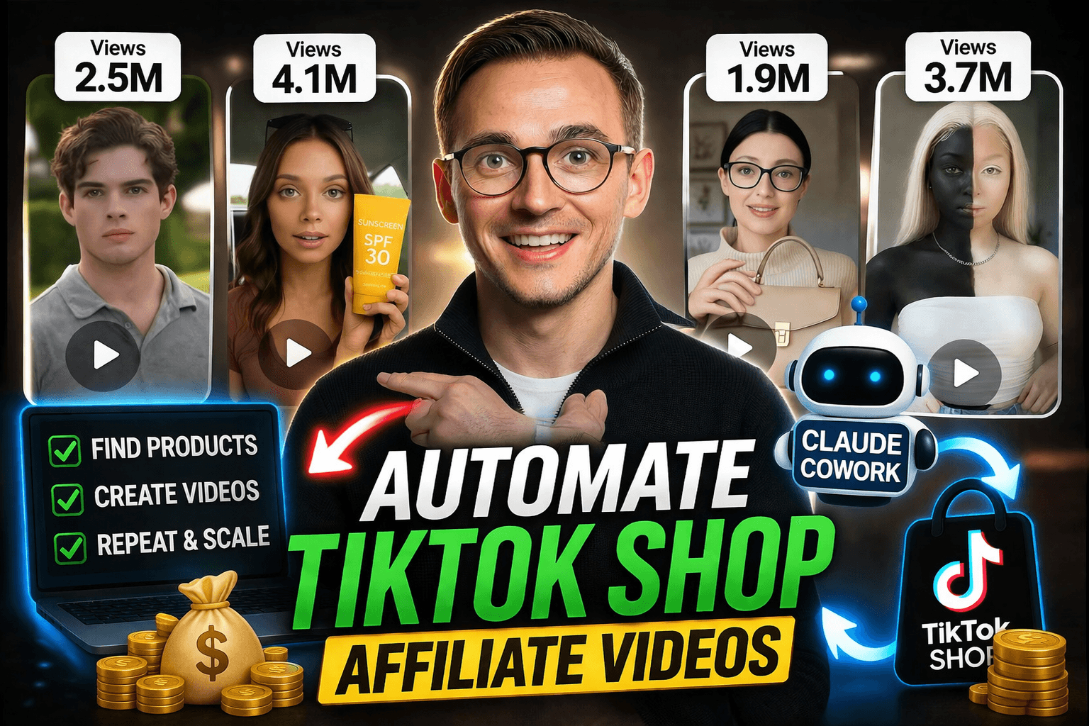 Graphic promoting the automation of TikTok Shop affiliate videos using Claude Cowork, featuring a smiling individual