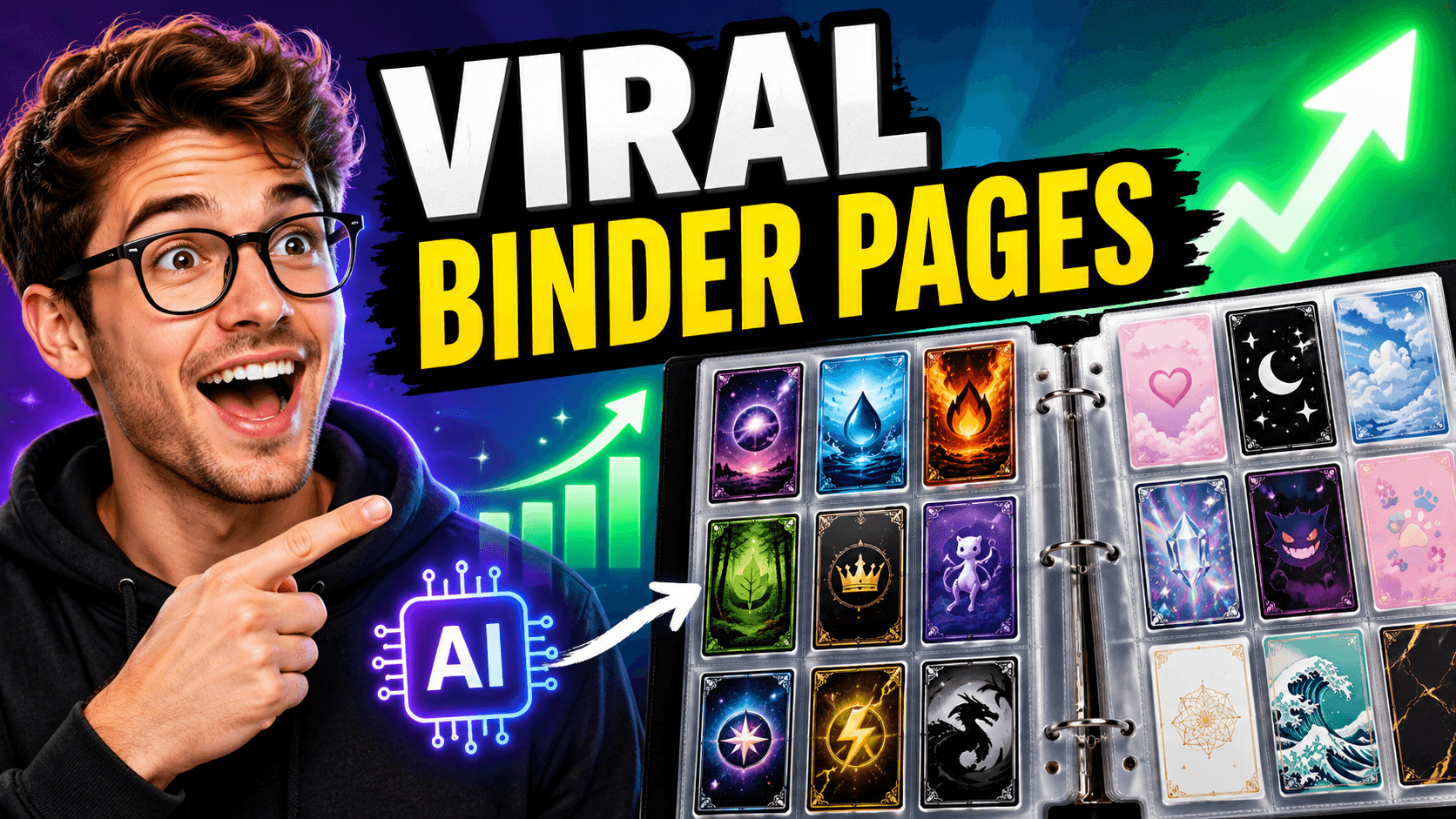 A person excitedly points to a binder filled with colorful digital card pages, showcasing various designs. The background