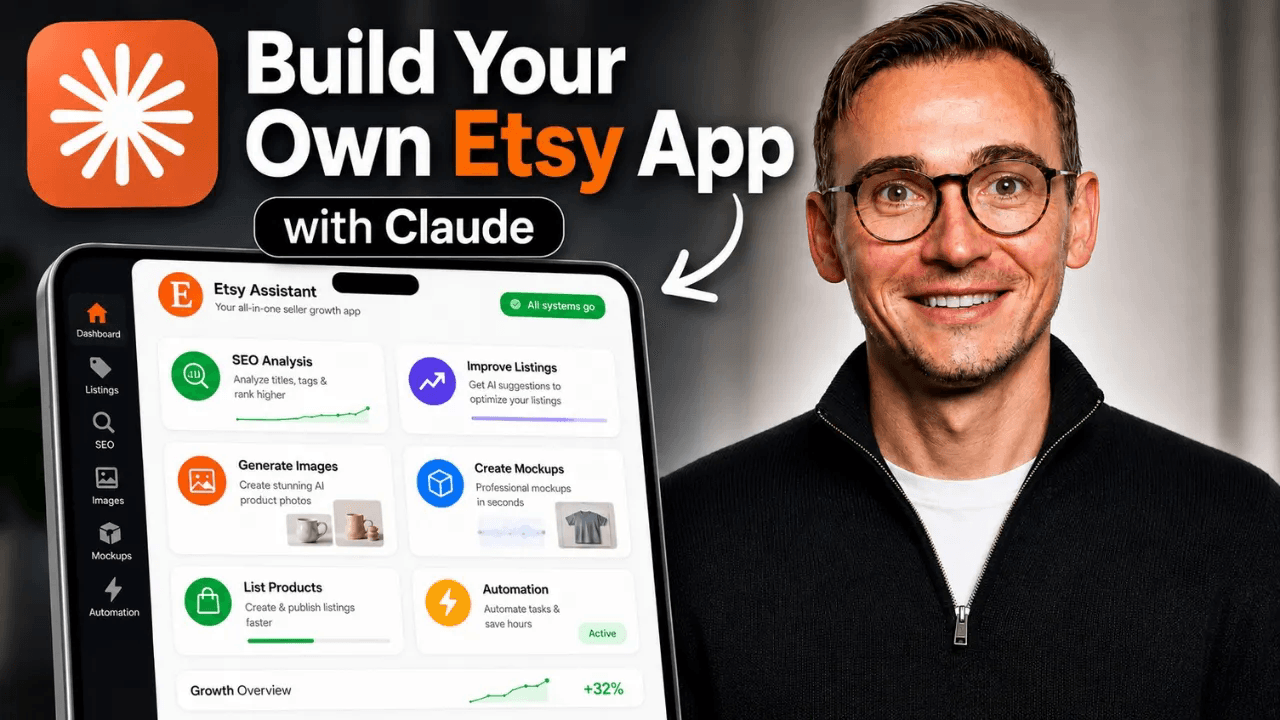 A promotional image for an Etsy listing automation app featuring a user-friendly interface with various app functions