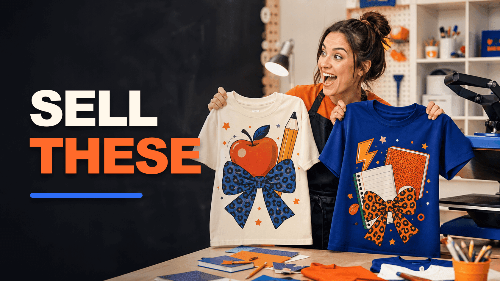 A person enthusiastically showcasing two colorful t-shirts featuring back-to-school designs, including an apple
