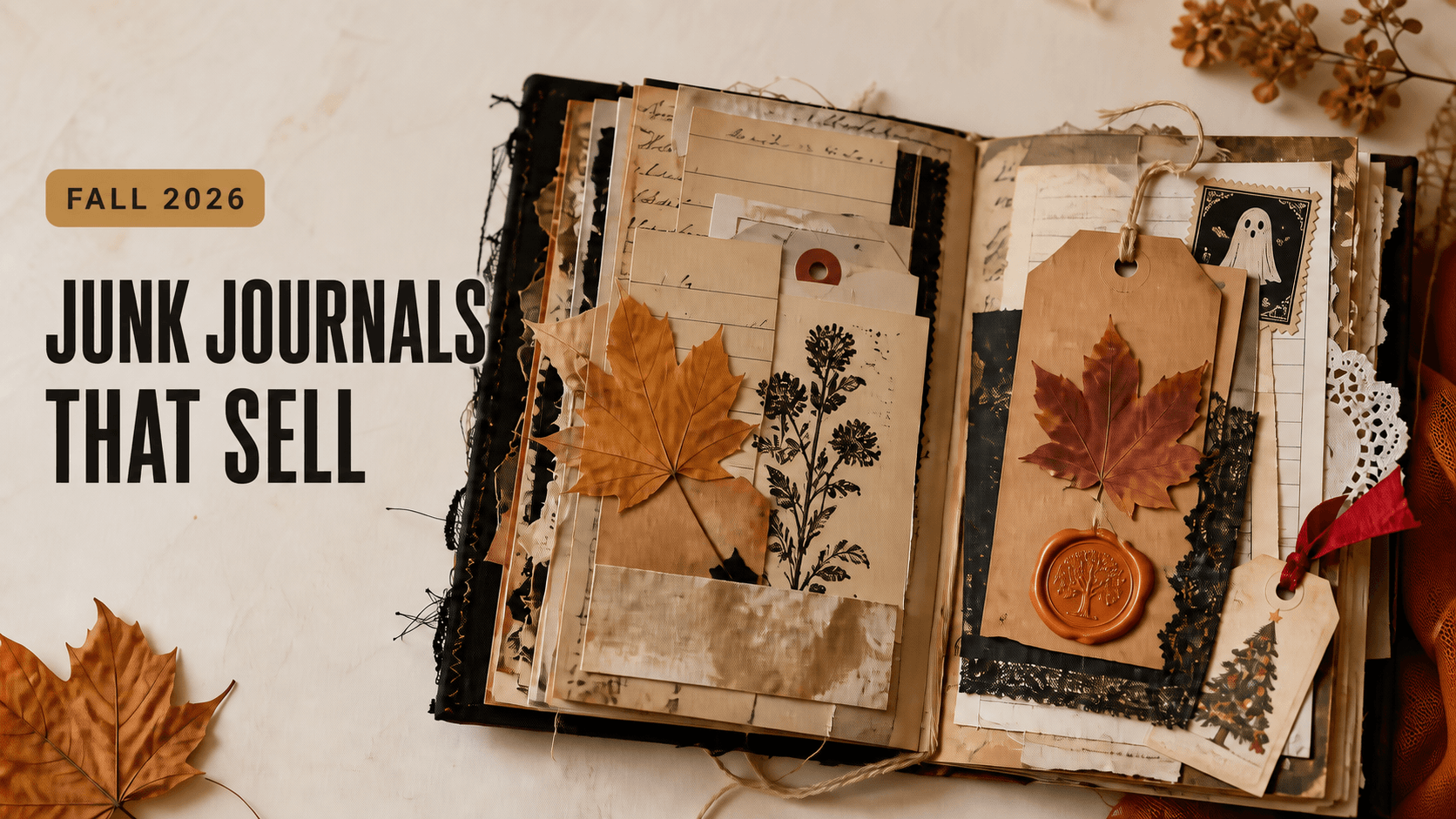 A visually appealing open junk journal featuring layered pages with decorative elements like dried leaves, tags
